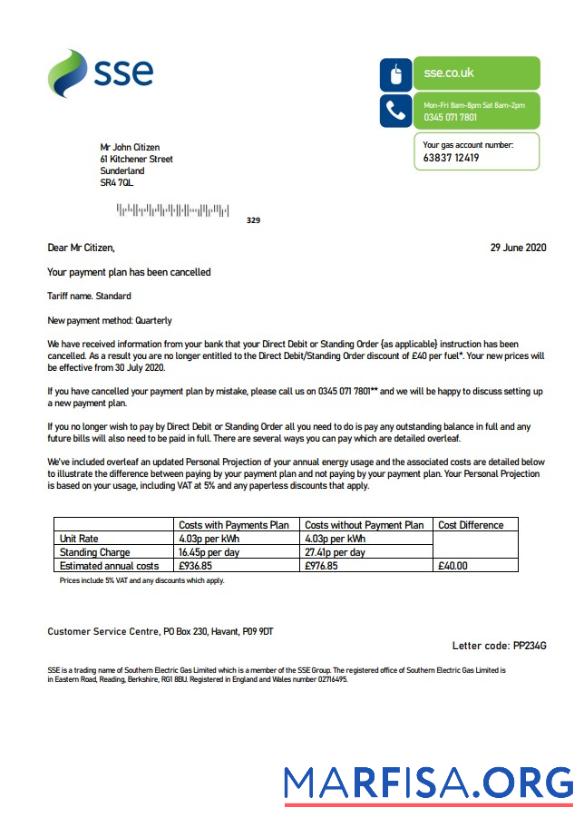Realistic United Kingdom SSE Energy utility bill template in Word and PDF format, version 1